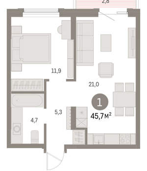 1-к квартира, вторичка, 46м2, 8/15 этаж