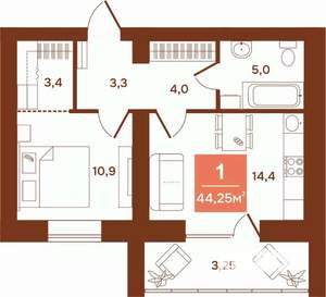 1-к квартира, строящийся дом, 44м2, 2/9 этаж