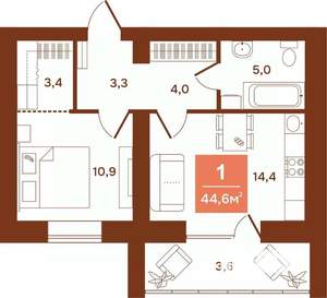 1-к квартира, строящийся дом, 45м2, 9/9 этаж