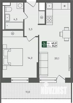 1-к квартира, строящийся дом, 55м2, 2/7 этаж