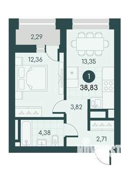 1-к квартира, вторичка, 39м2, 12/12 этаж