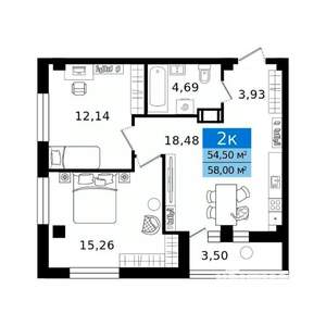 2-к квартира, вторичка, 58м2, 8/12 этаж