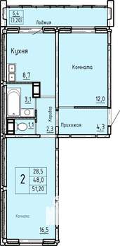 2-к квартира, строящийся дом, 51м2, 6/10 этаж