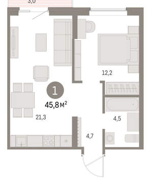 1-к квартира, вторичка, 46м2, 6/15 этаж