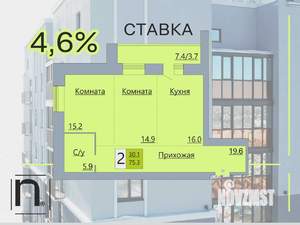 2-к квартира, строящийся дом, 75м2, 2/17 этаж