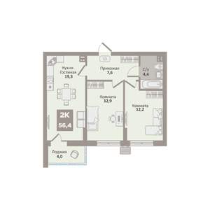2-к квартира, вторичка, 56м2, 6/9 этаж