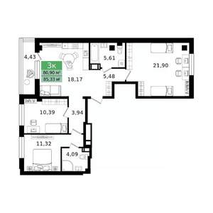 3-к квартира, вторичка, 85м2, 11/12 этаж