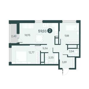2-к квартира, вторичка, 59м2, 8/12 этаж
