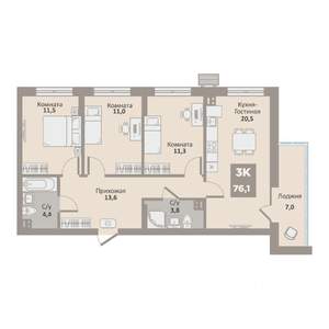 3-к квартира, вторичка, 76м2, 9/9 этаж