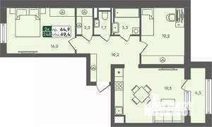 2-к квартира, строящийся дом, 69м2, 5/7 этаж