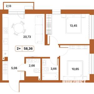 2-к квартира, строящийся дом, 58м2, 2/14 этаж