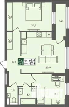 2-к квартира, строящийся дом, 68м2, 7/7 этаж