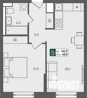 1-к квартира, строящийся дом, 44м2, 5/7 этаж