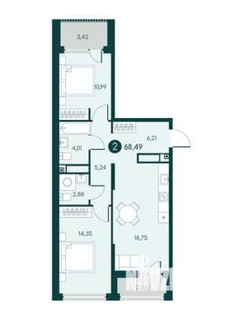 2-к квартира, вторичка, 68м2, 2/12 этаж
