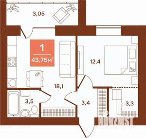 1-к квартира, строящийся дом, 44м2, 3/9 этаж