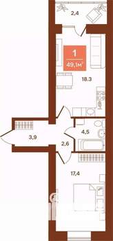 1-к квартира, строящийся дом, 49м2, 3/9 этаж
