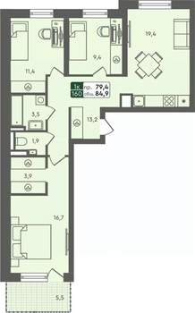 3-к квартира, строящийся дом, 85м2, 2/7 этаж