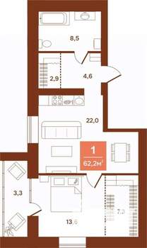 1-к квартира, строящийся дом, 62м2, 8/9 этаж