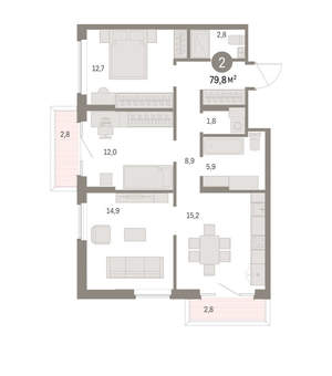 2-к квартира, вторичка, 80м2, 2/15 этаж