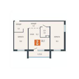 2-к квартира, вторичка, 59м2, 8/10 этаж