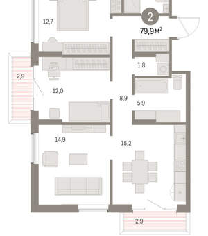 2-к квартира, вторичка, 80м2, 4/15 этаж