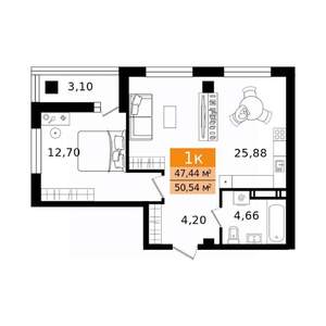 2-к квартира, вторичка, 51м2, 3/16 этаж