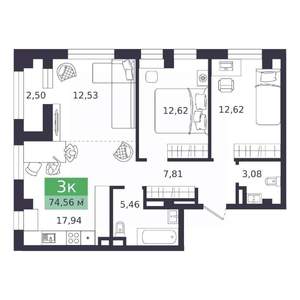 3-к квартира, вторичка, 75м2, 7/9 этаж