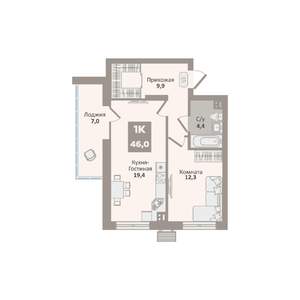 1-к квартира, вторичка, 46м2, 6/9 этаж