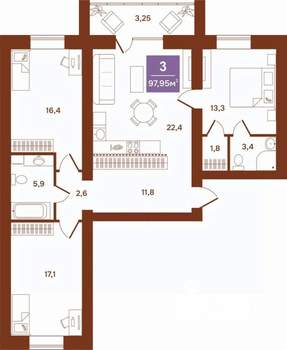3-к квартира, строящийся дом, 98м2, 4/9 этаж