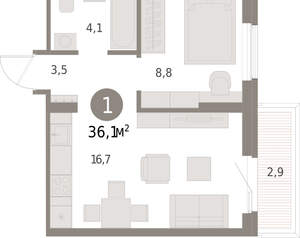 1-к квартира, вторичка, 36м2, 3/15 этаж