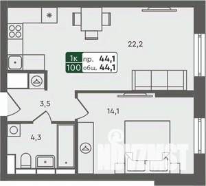 1-к квартира, строящийся дом, 44м2, 4/7 этаж