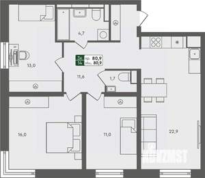 3-к квартира, строящийся дом, 81м2, 4/7 этаж