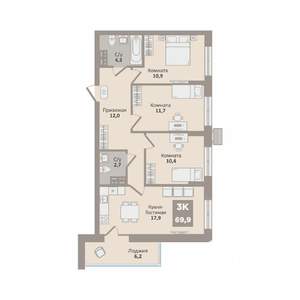 3-к квартира, вторичка, 70м2, 8/9 этаж