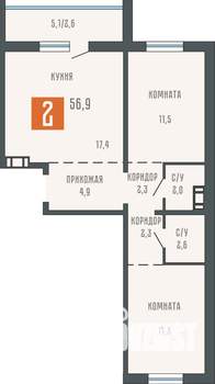 2-к квартира, вторичка, 57м2, 1/10 этаж