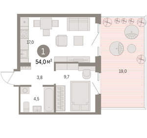 1-к квартира, вторичка, 54м2, 2/15 этаж