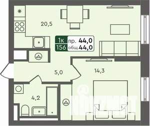 1-к квартира, строящийся дом, 44м2, 2/7 этаж