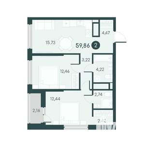 2-к квартира, сданный дом, 60м2, 10/12 этаж