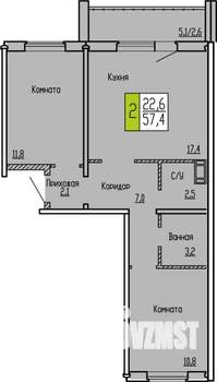 2-к квартира, строящийся дом, 57м2, 6/10 этаж