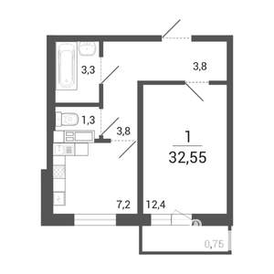 1-к квартира, строящийся дом, 33м2, 9/10 этаж
