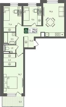 3-к квартира, строящийся дом, 85м2, 2/7 этаж