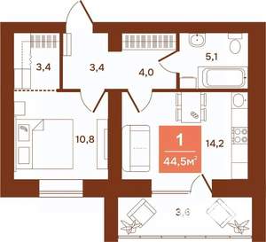 1-к квартира, строящийся дом, 45м2, 8/9 этаж