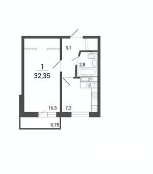 1-к квартира, строящийся дом, 32м2, 6/10 этаж
