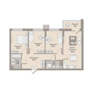 3-к квартира, вторичка, 77м2, 9/9 этаж