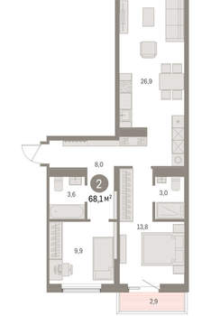 2-к квартира, вторичка, 68м2, 4/15 этаж