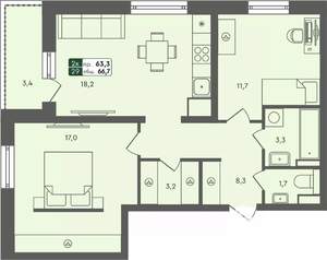 2-к квартира, строящийся дом, 67м2, 7/7 этаж