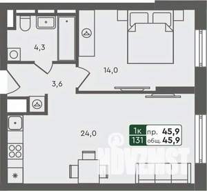 1-к квартира, строящийся дом, 46м2, 5/7 этаж