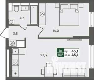 1-к квартира, строящийся дом, 45м2, 2/7 этаж