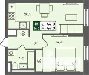 1-к квартира, строящийся дом, 44м2, 3/7 этаж