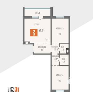 2-к квартира, вторичка, 57м2, 1/10 этаж