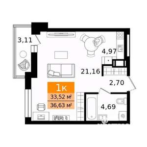 1-к квартира, вторичка, 37м2, 2/12 этаж